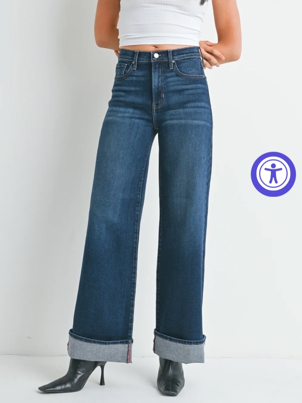 Just Black Dark Wash The Cuffed Palazzo High-Rise Wide Leg Jeans